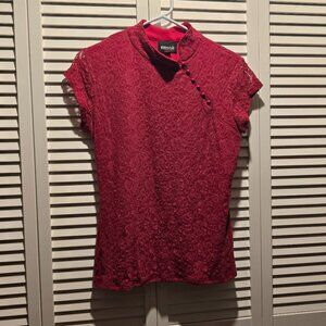 Metrostyle Red Short-Sleeved Top with Mandarin Collar